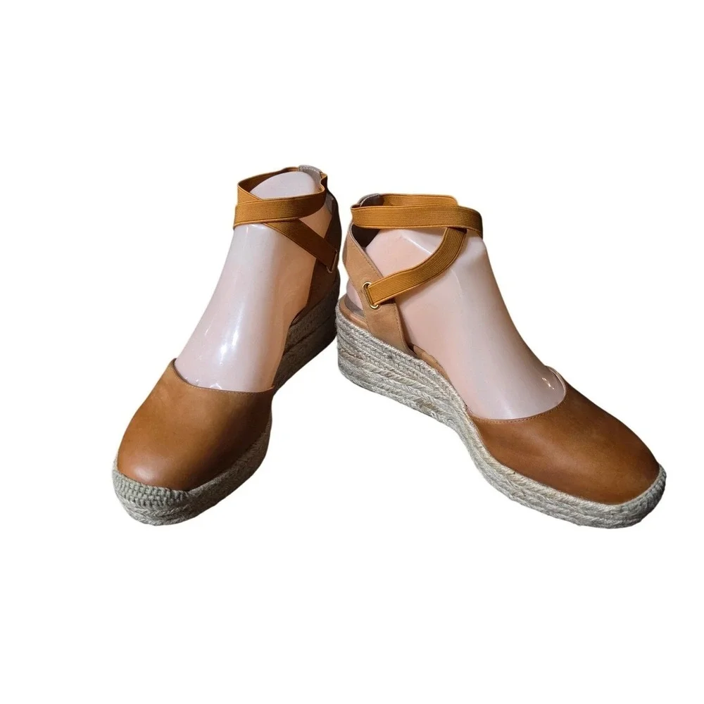 Bettye Muller Tan Leather Espadrille Wedge Sandals‎ Ankle Strap Women